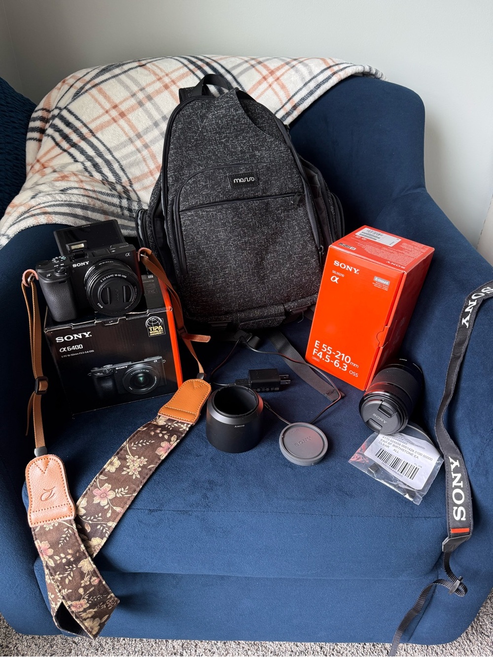 Sony Mirrorless Camera Kit with Gray Backpack and Black Lenses